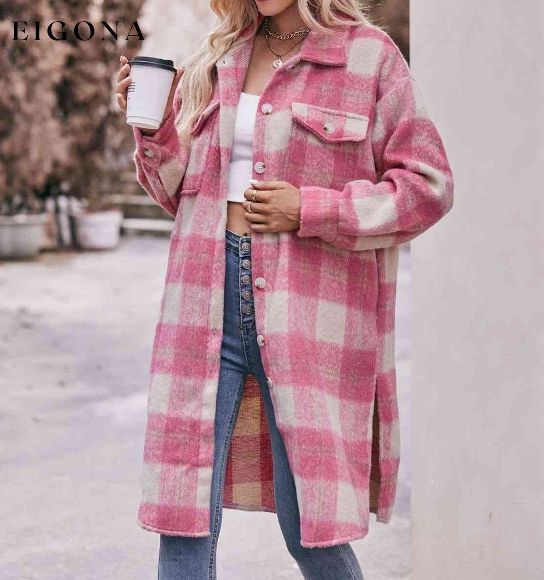 Plaid Dropped Shoulder Slit Coat clothes coat jacket long sleeve Mandy Ship From Overseas