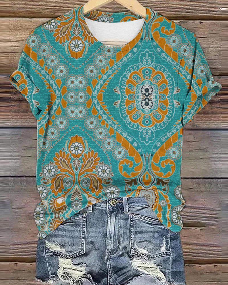 Retro ethnic style round neck T-shirt 2024 f/w spring summer t-shirts Western Style