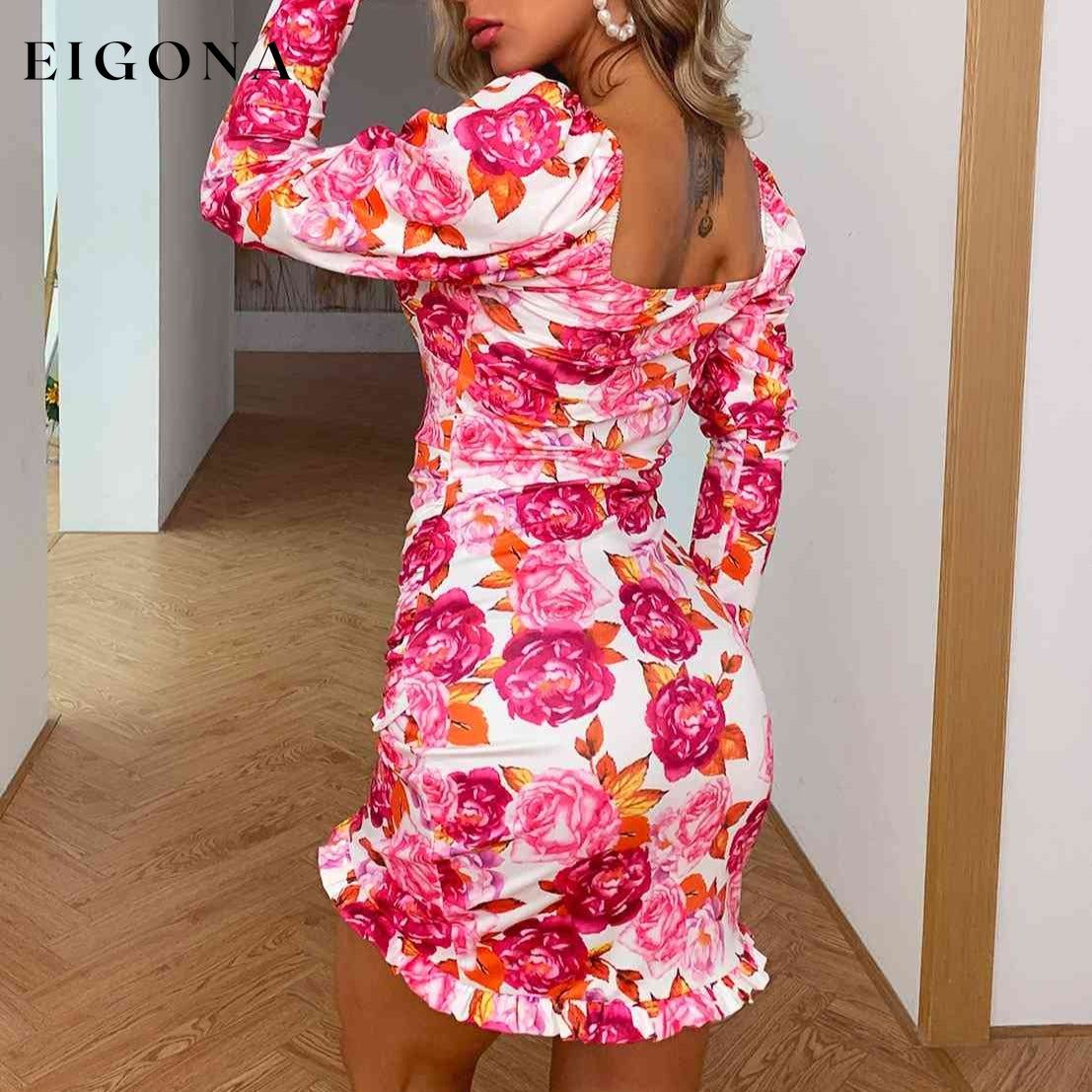 Floral Ruched Leg-Of-Mutton Sleeve Dress casual dress casual dresses clothes D%W dress dresses long sleeve dress long sleeve dresses Ship From Overseas short dress short dresses