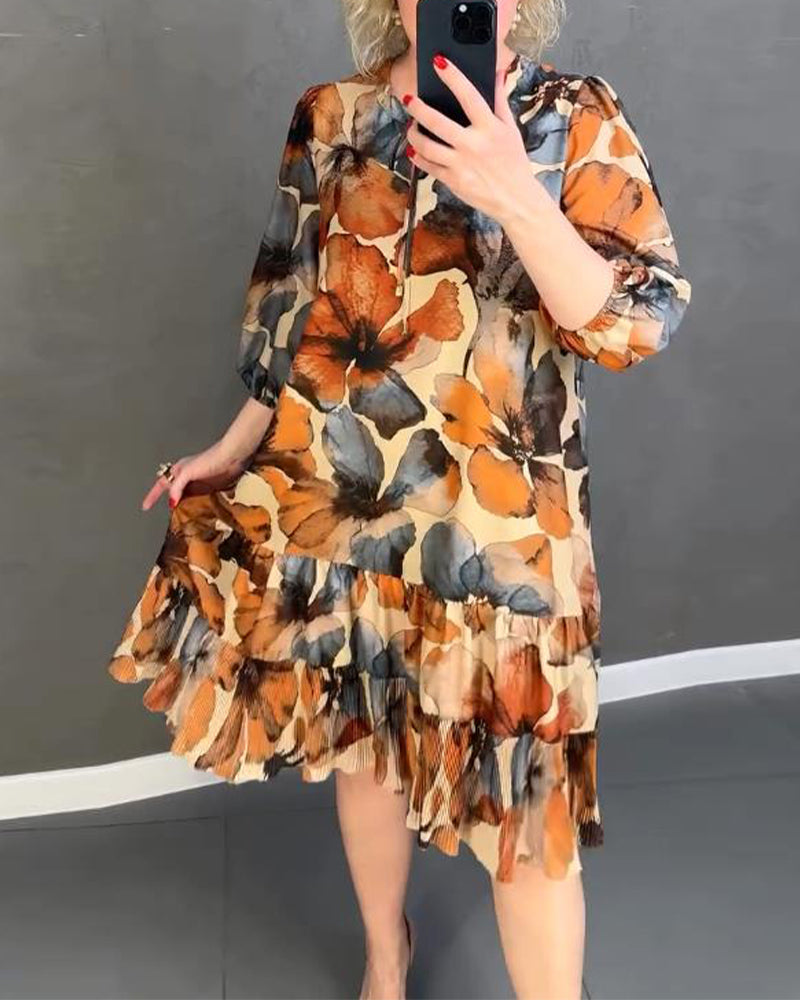 Vintage Floral Print Ruffle Dress