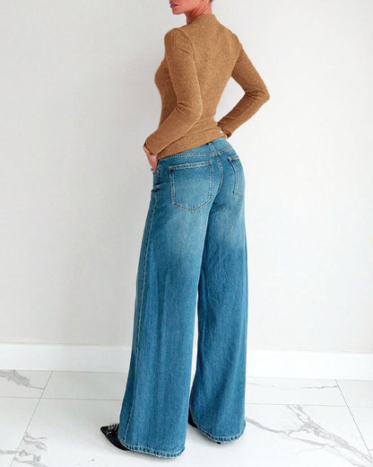 Women's Long Sleeve Ribbed Knit Swivel Front T-Shirt