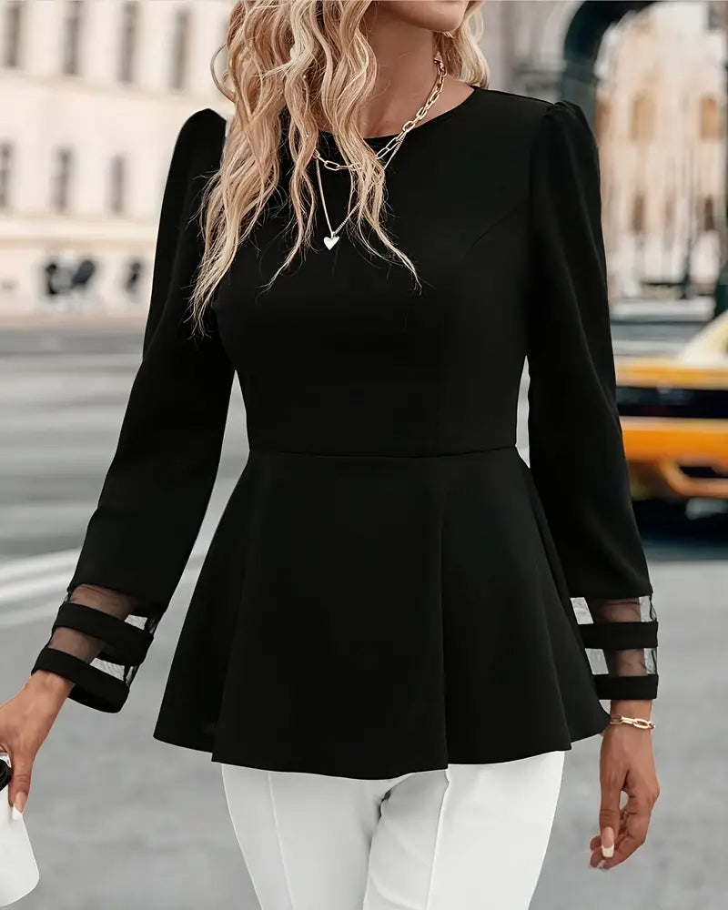 Puff Sleeve Solid Splicing Mesh Long Sleeve Top