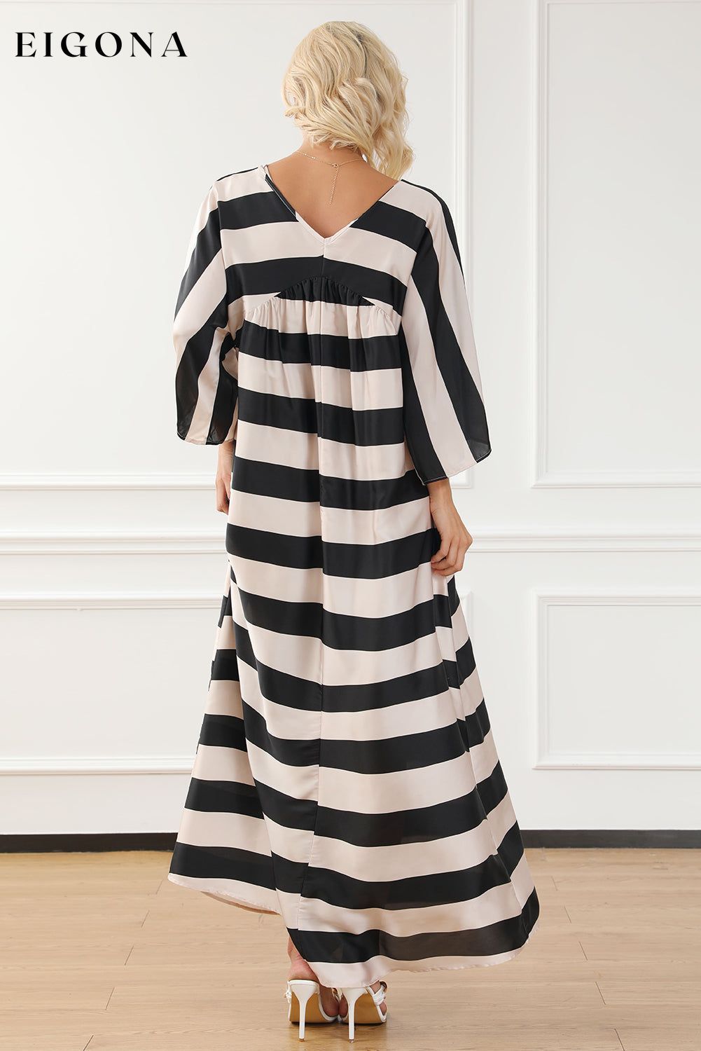 Black V Neck Kimono Sleeve Striped Maxi Dress All In Stock clothes Occasion Daily Print Color Block Season Spring Silhouette A-Line Style Casual