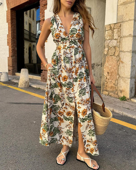 Sleeveless deep v waist floral dress summer vacation dresses