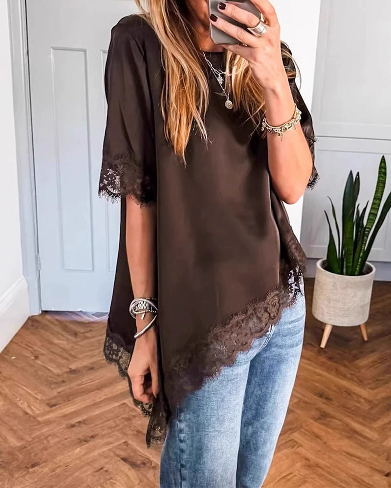Irregular Lace Spliced Solid Color Blouse