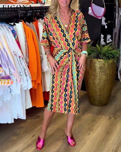 Colorful wave print V-neck dress casual dresses spring summer