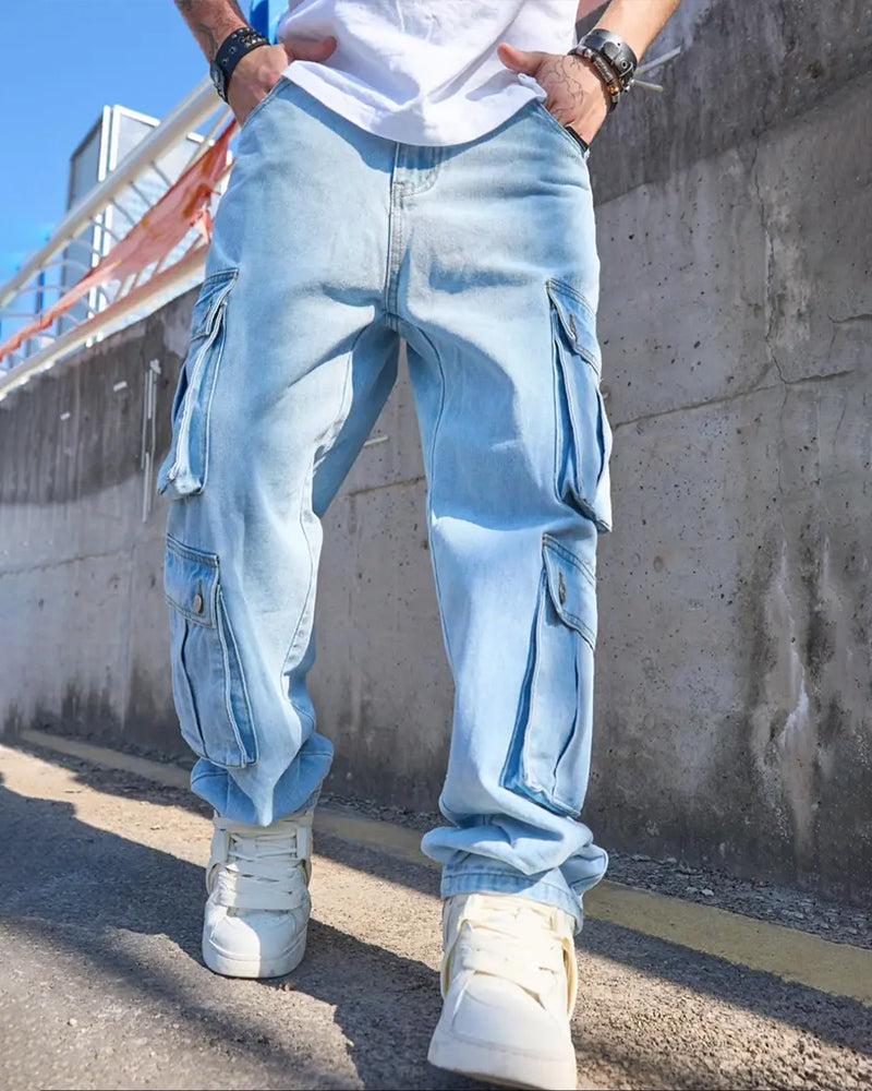 Men's Loose Solid Flap Pocket Cargo Denim Jeans