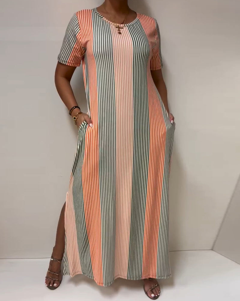 Striped Slit Casual Long Dress