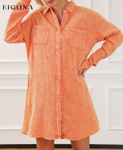 Orange Crinkled Dual Chest Pocket Oversized Shirt Dress All In Stock clothes Color Orange EDM Monthly Recomend Fabric Linen Occasion Daily Print Solid Color Season Spring Style Southern Belle