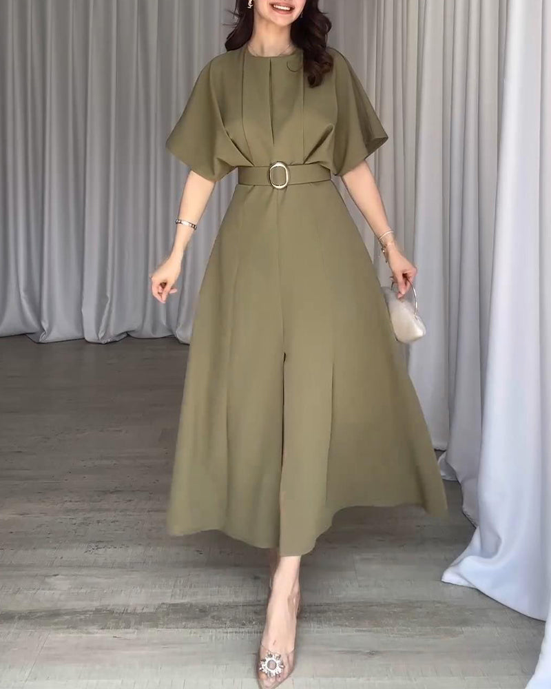 Elegant solid color pleated slit dress casual dresses summer