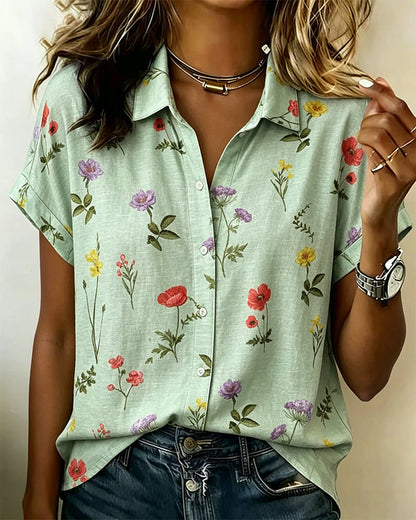Turn-Down Collar Flower Print Short Sleeve Shirt