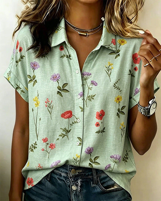 Turn-Down Collar Flower Print Short Sleeve Shirt