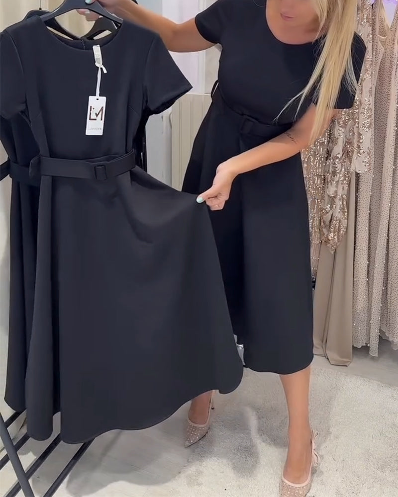 Round Neck Short Sleeve Waist-Defined A-Line Dress