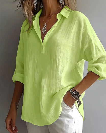 Solid Color Lapel Half-Placket Long Sleeve Blouse