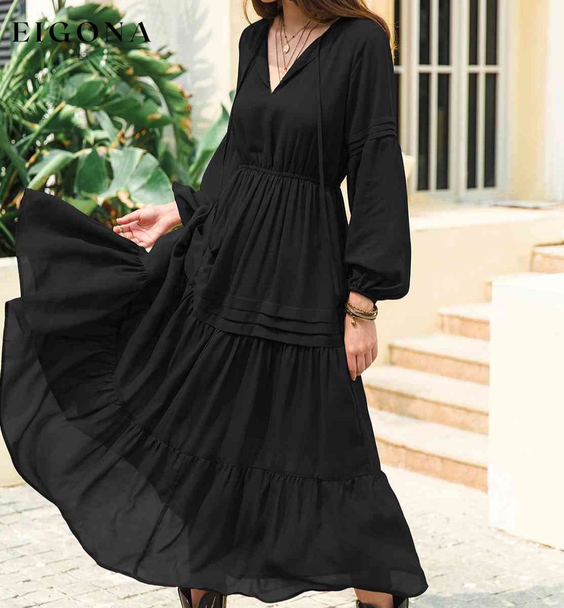 Tie Neck Long Sleeve Midi Tiered Dress clothes H.R.Z Ship From Overseas