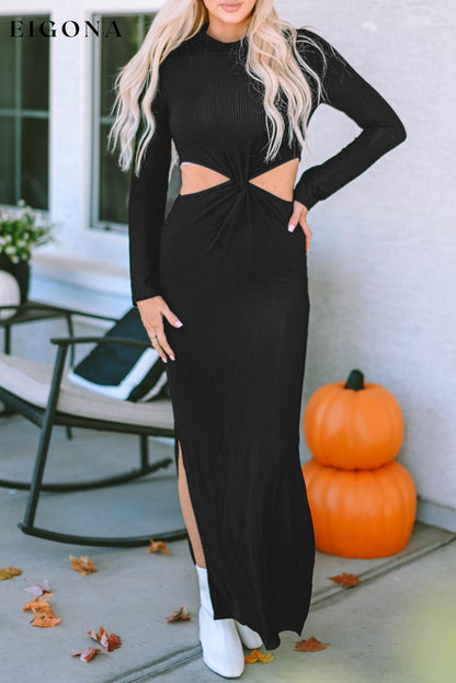 Black Ribbed Twist Cutout Long Sleeve Dress All In Stock clothes Detail Cut Out dresses Hot picks long sleeve dresses maxi dress Occasion Daily Season Fall & Autumn Silhouette Bodycon Style Southern Belle