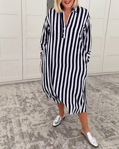Lapel Striped Pocket Dress