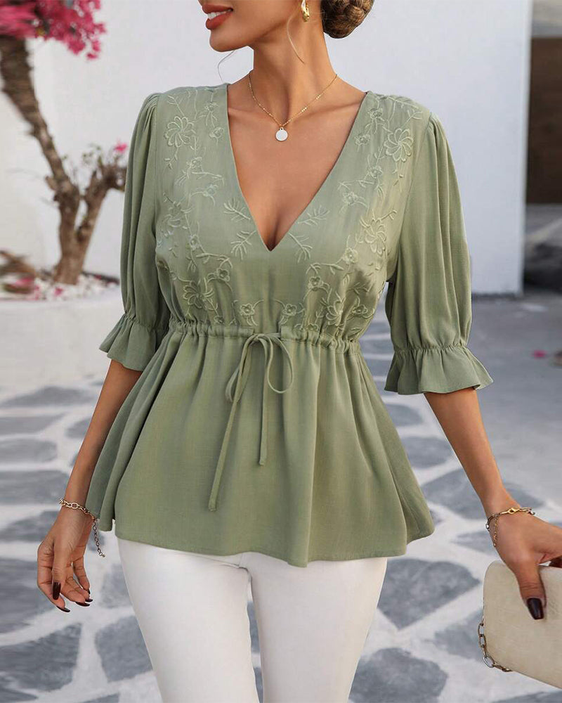 V-Neck Waist Solid Color Elegant Blouse