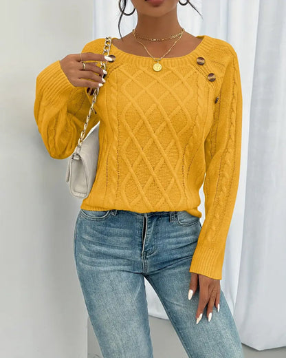 Solid Raglan Sleeve Buckle Cable Knit Sweater