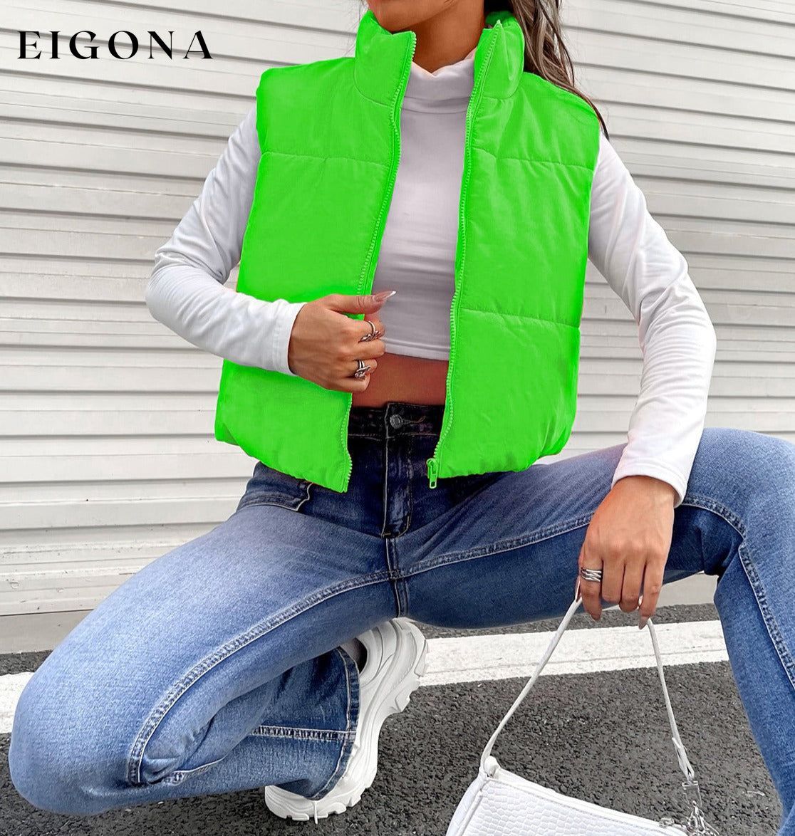 Zip-Up Puffer Vest Mid Green clothes puff vest Q@M Ship From Overseas Shipping Delay 09/29/2023 - 10/03/2023 vest