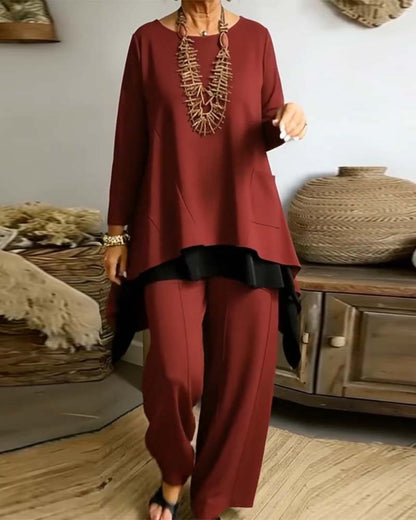 Irregular Long-Sleeved Top And Straight-Leg Pants Set