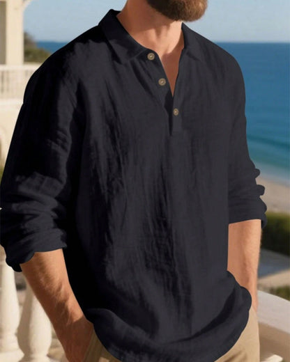 Men's Lightweight Loose Linen Long Sleeve Polo Shirt