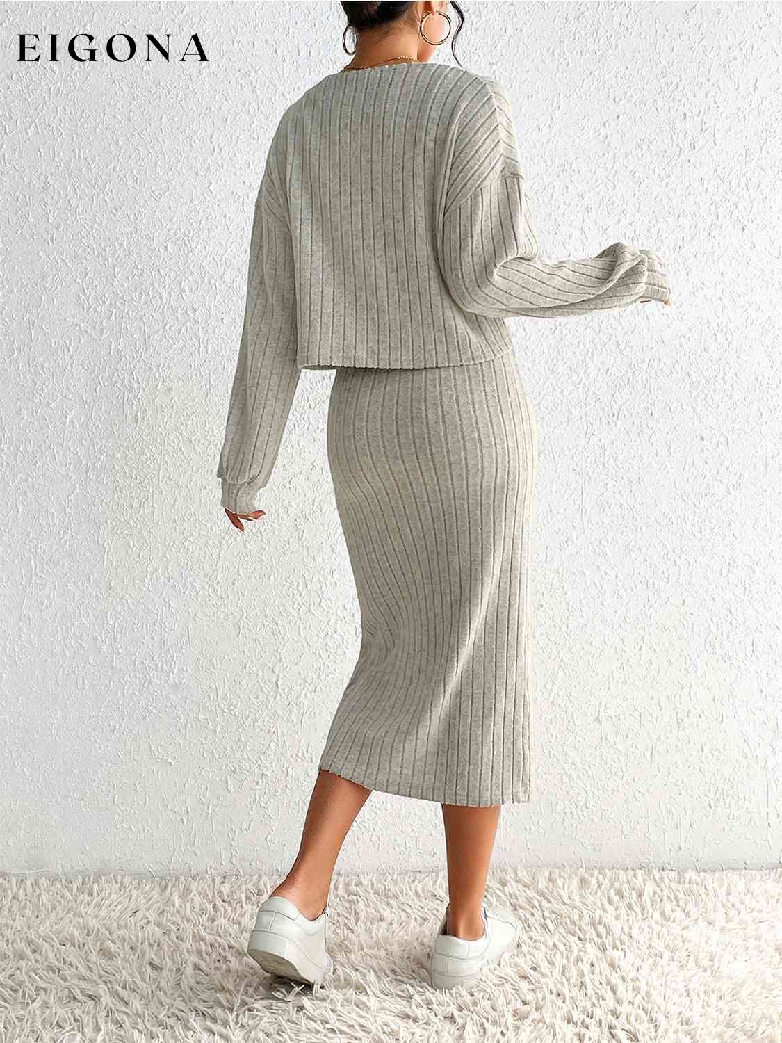 Ribbed Spaghetti Strap Slit Dress & Cardigan Set clothes HS Ship From Overseas