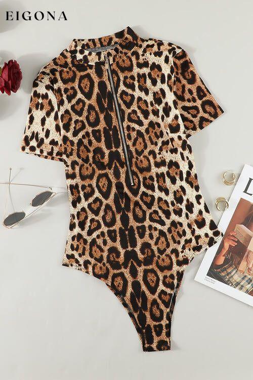 Leopard Half Zip Short Sleeve Bodysuit clothes Ship From Overseas SYNZ