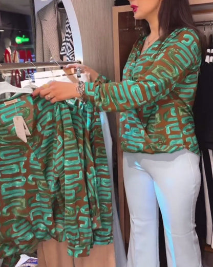 V-Neck Vintage Geometric Print Blouse