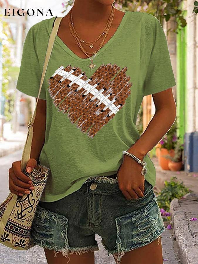 Women's Football Heart Print Casual V-Neck Tee ball print