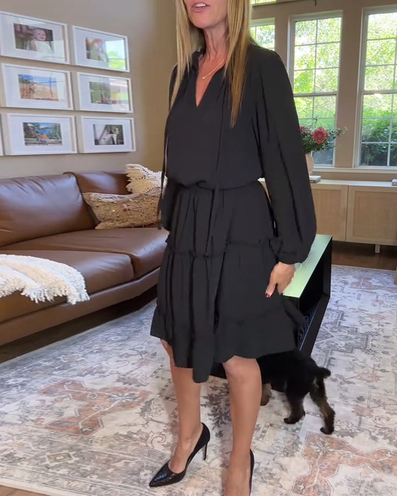 Long-Sleeved Solid Color Waisted A-Line Dress