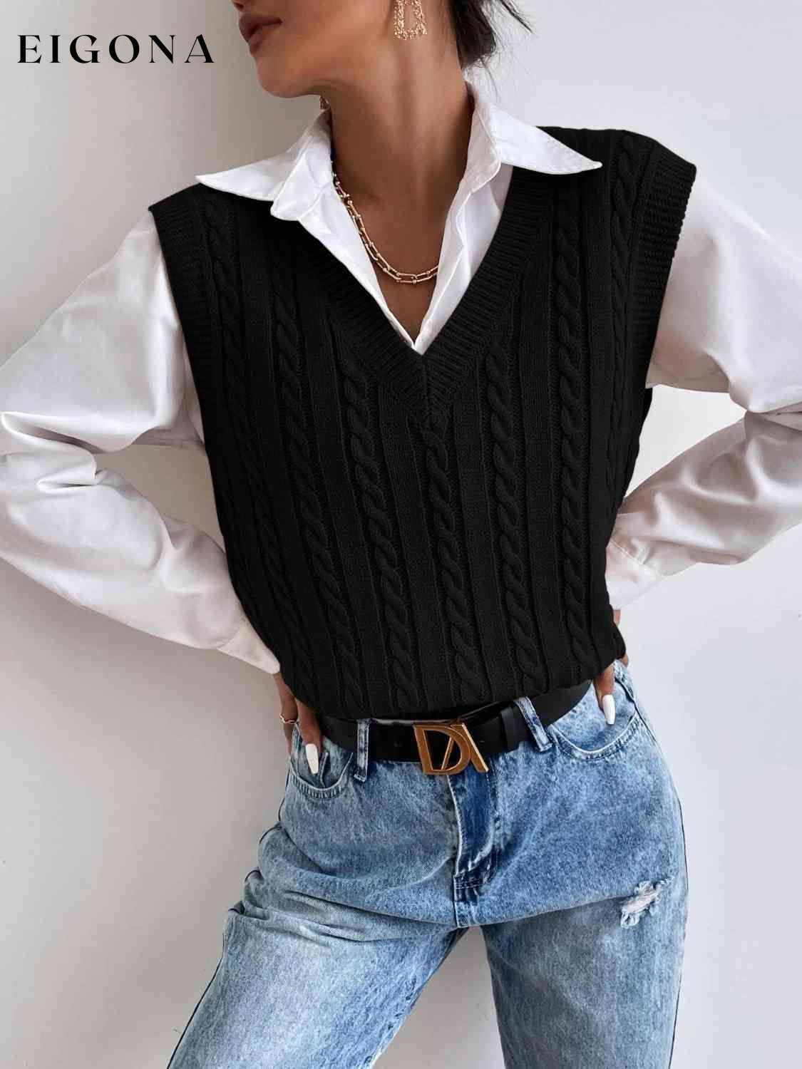 Cable-Knit V-Neck Sleeveless Sweater Vest Black clothes J@P Ship From Overseas