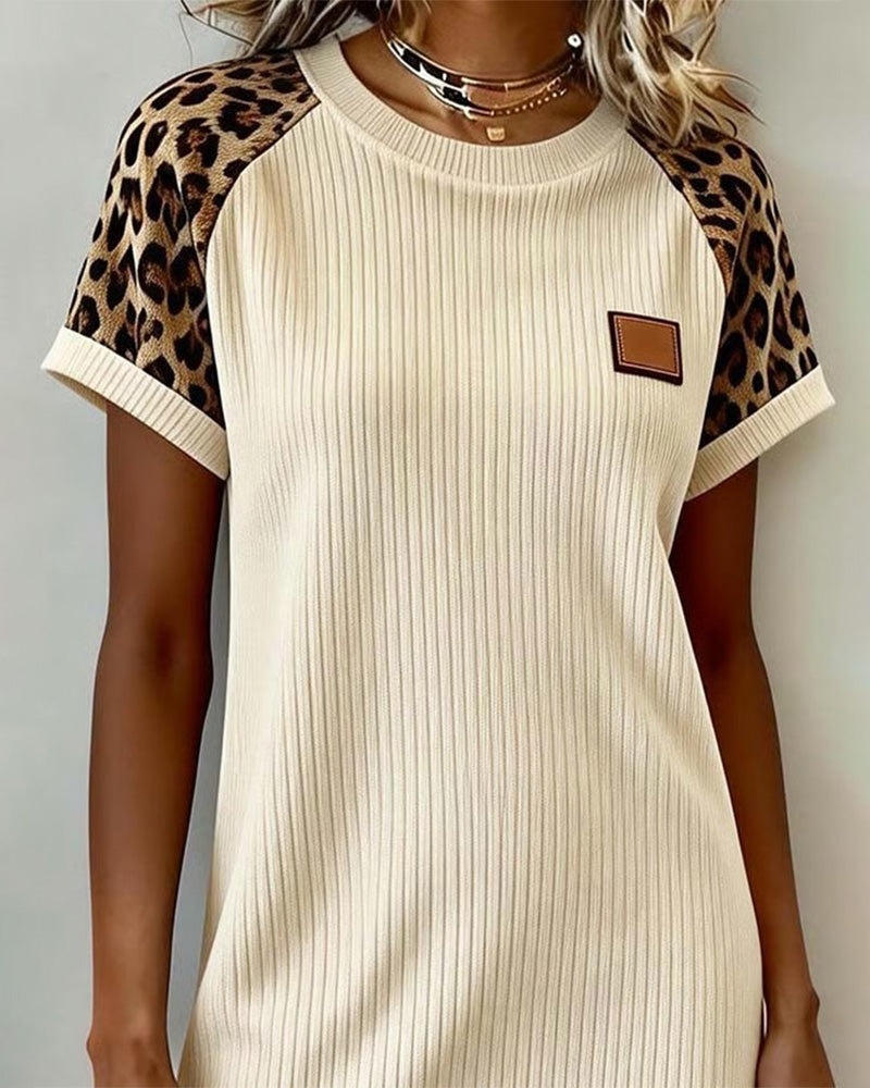 Round-Neck Leopard Print Color-Block Dress