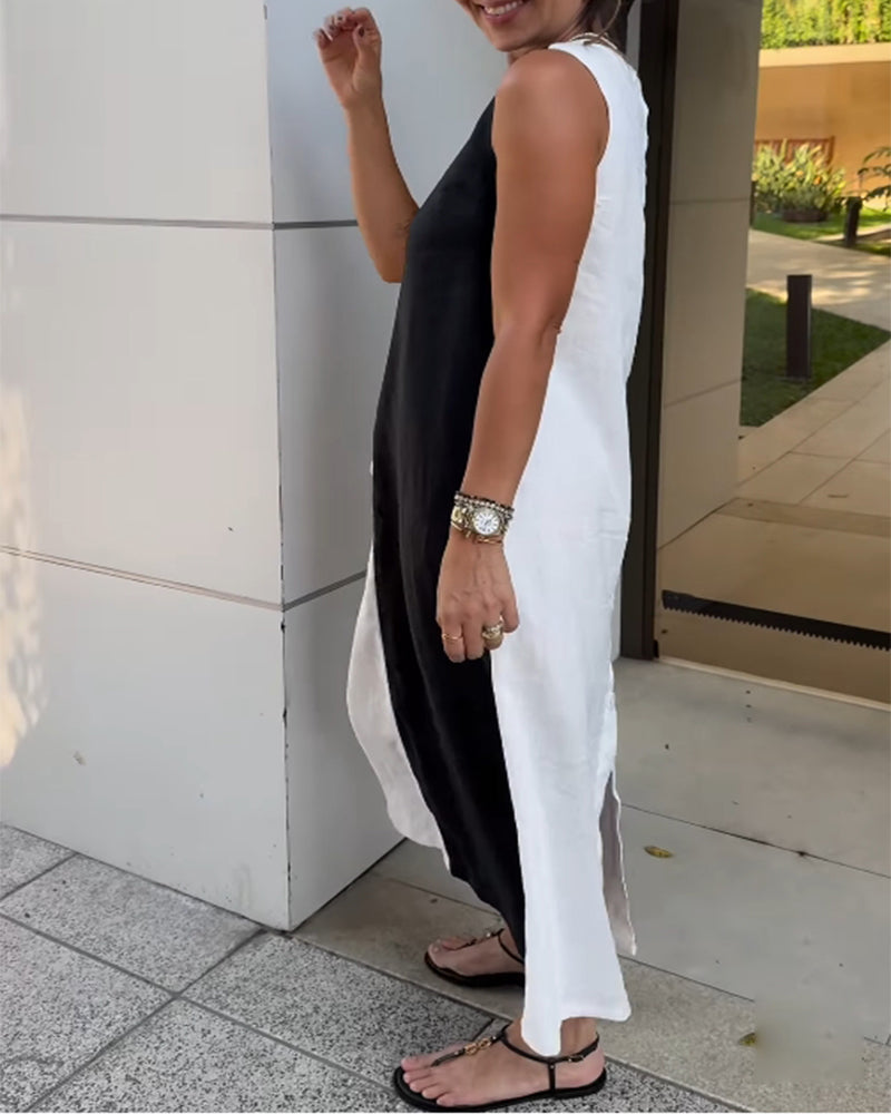 Abito senza maniche in cotone e lino color block