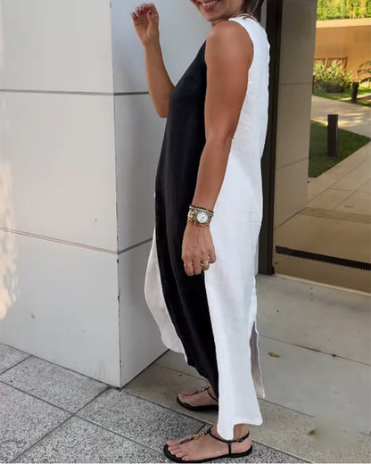 Abito senza maniche in cotone e lino color block