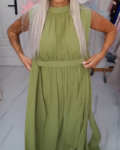 Solid-Color Sleeveless Waist-Cinching Maxi Dress