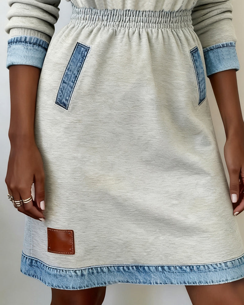 Zipper Lapel Denim Patchwork Dress