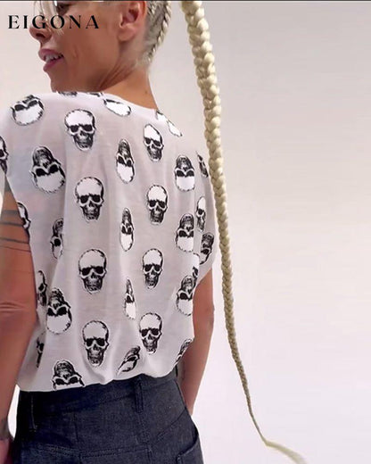 Skull printed round neck fashion top blouses & shirts spring summer