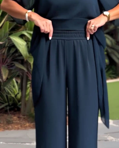 Chiffon Asymmetrical Top Wide-Leg Pants Set