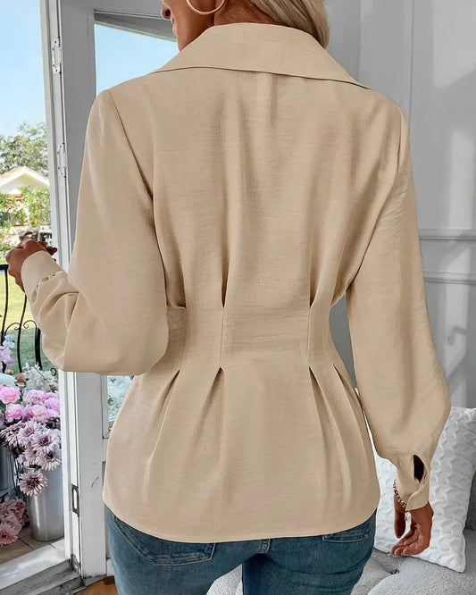 Lapel Long-Sleeved Waist-Cinching Shirt
