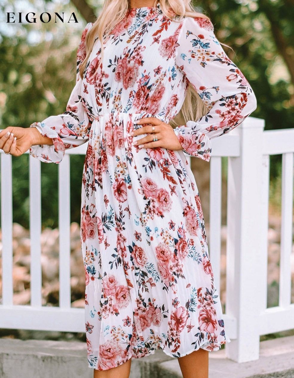 Beige Floral Print Puffy Sleeve Ruffled Midi Dress All In Stock clothes Color Pink DL Chill Out DL Exclusive dress dresses long dress long dresses Occasion Vacation Print Floral Season Spring Sleeve Puff sleeve Style Bohemian