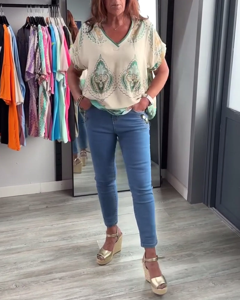 Retro printed V-neck casual top blouses & shirts summer