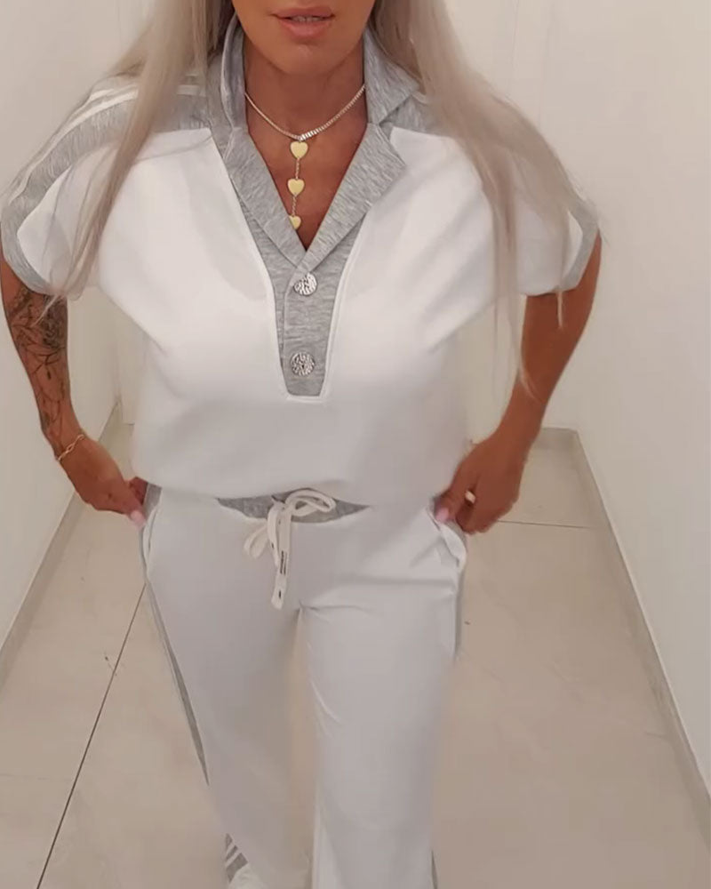 Color Block Camp Collar Casual Set