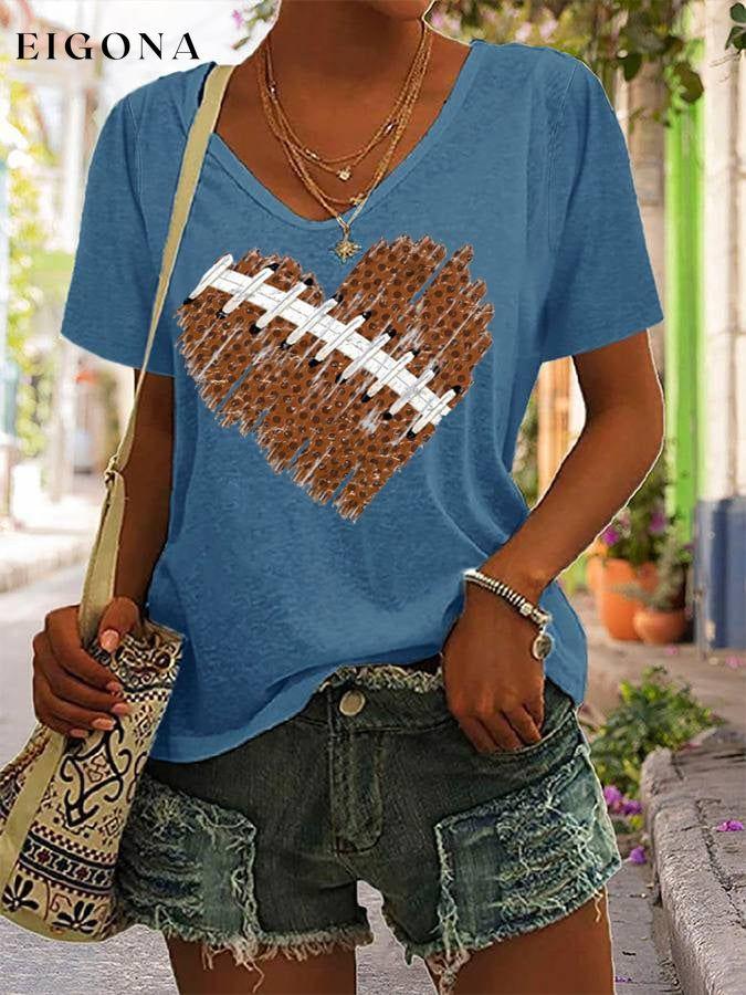 Women's Football Heart Print Casual V-Neck Tee ball print