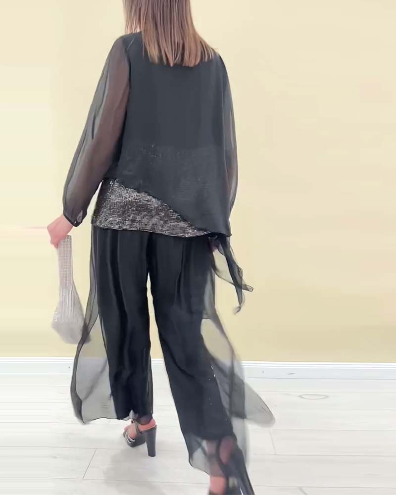 Long-Sleeved Sequined Solid Color Suit