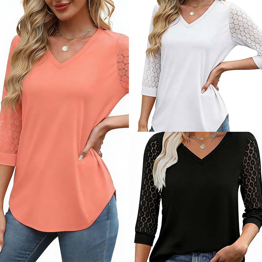 Hollow Three-Quarter Sleeve Solid Color Top Set