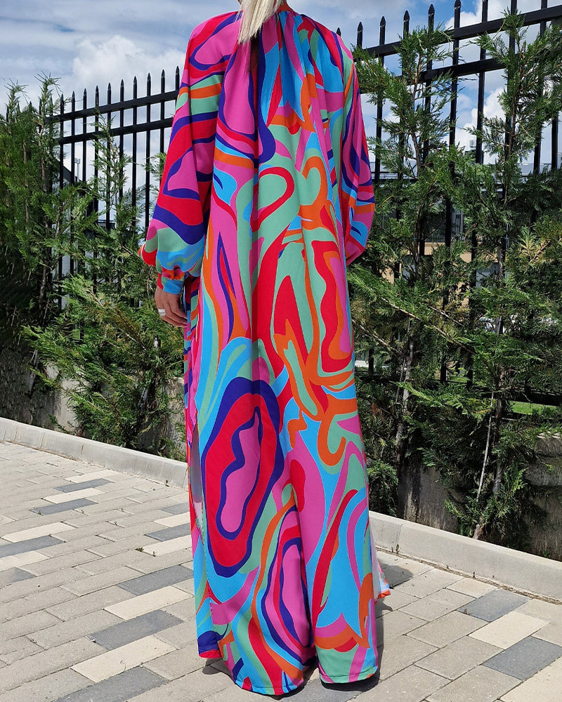 Colorful printed V-neck puff sleeve long dress casual dresses spring summer