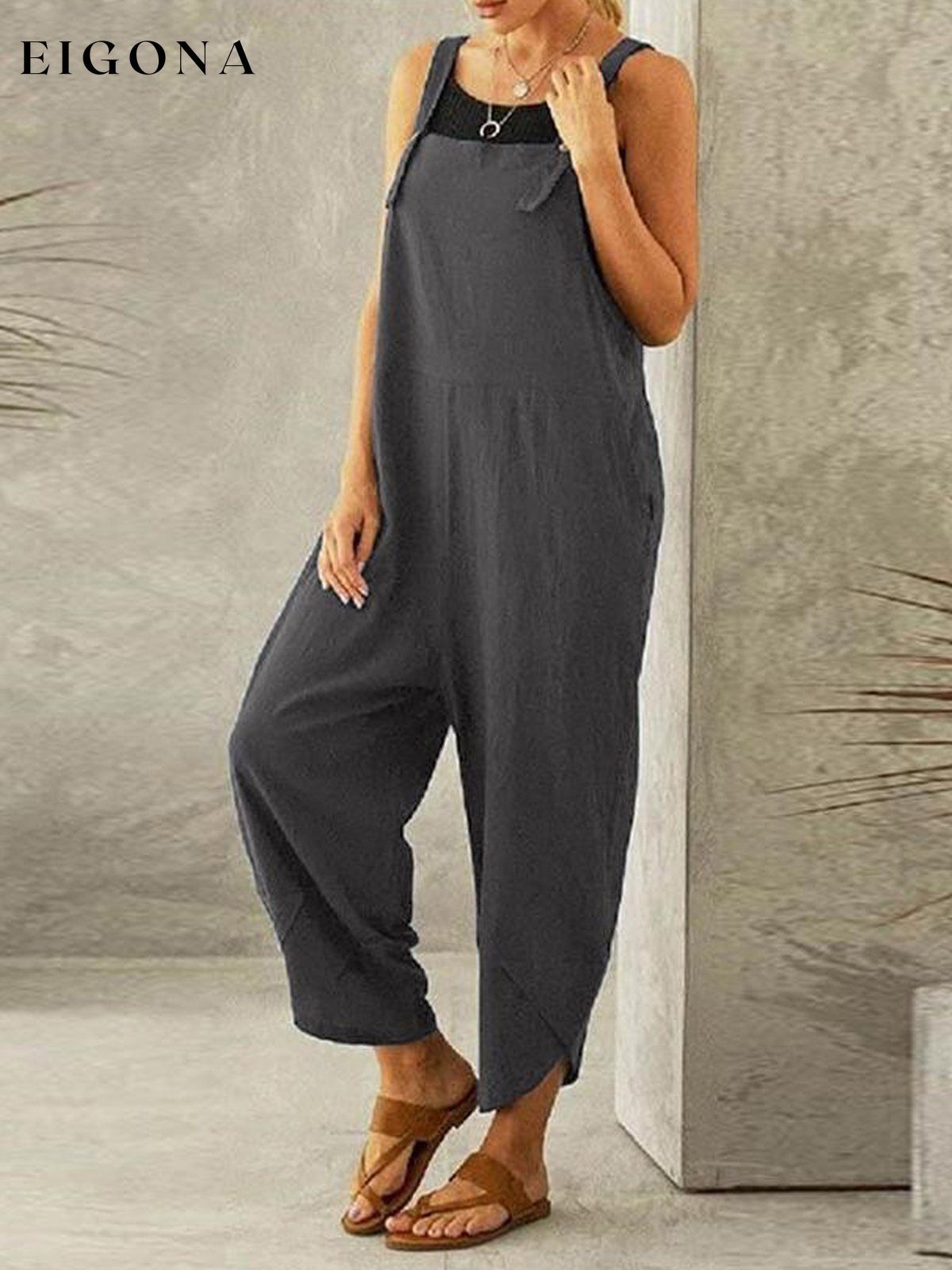 Women's Casual Pure Color Ankle-Length Overalls cotton linens