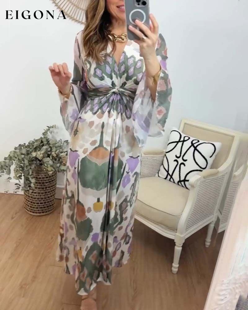 Elegant printed V-neck flare sleeves long dress casual dresses spring summer vacation dresses