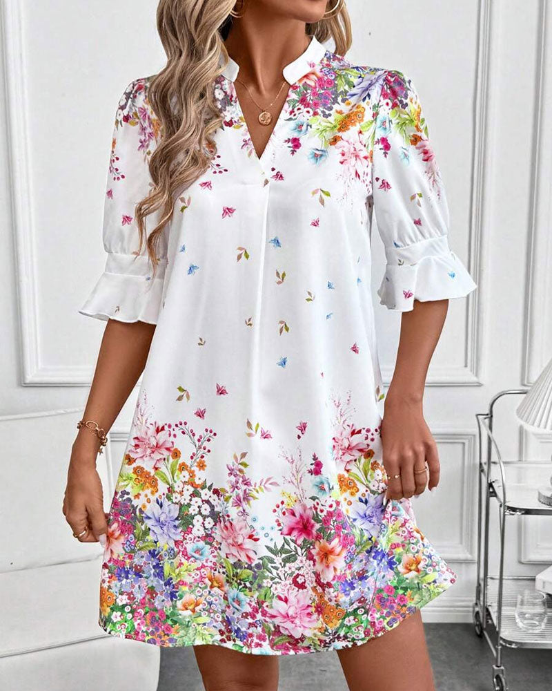 V-Neck Puff Sleeve Printed Dress